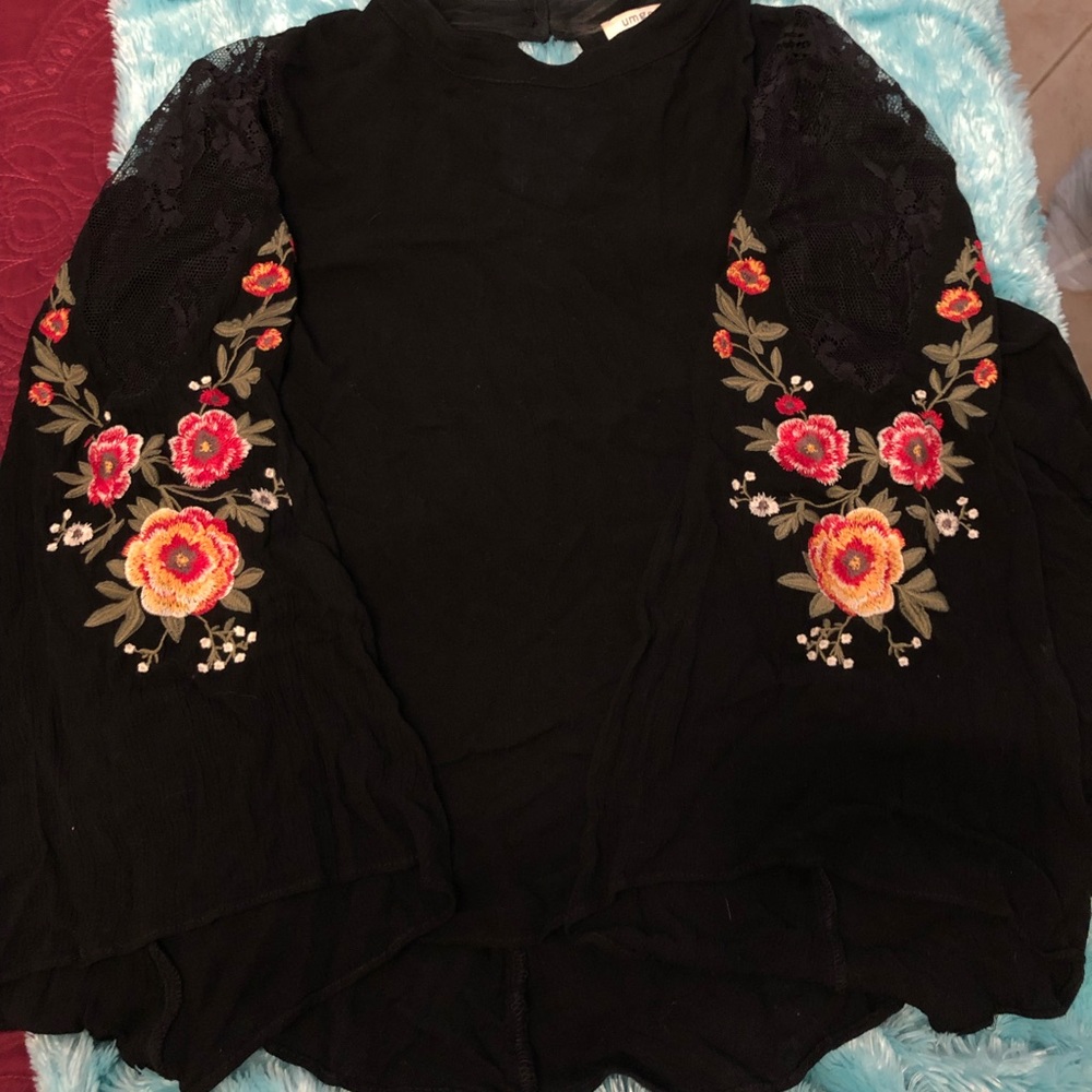 Black, bell sleeve and flower embroidered top